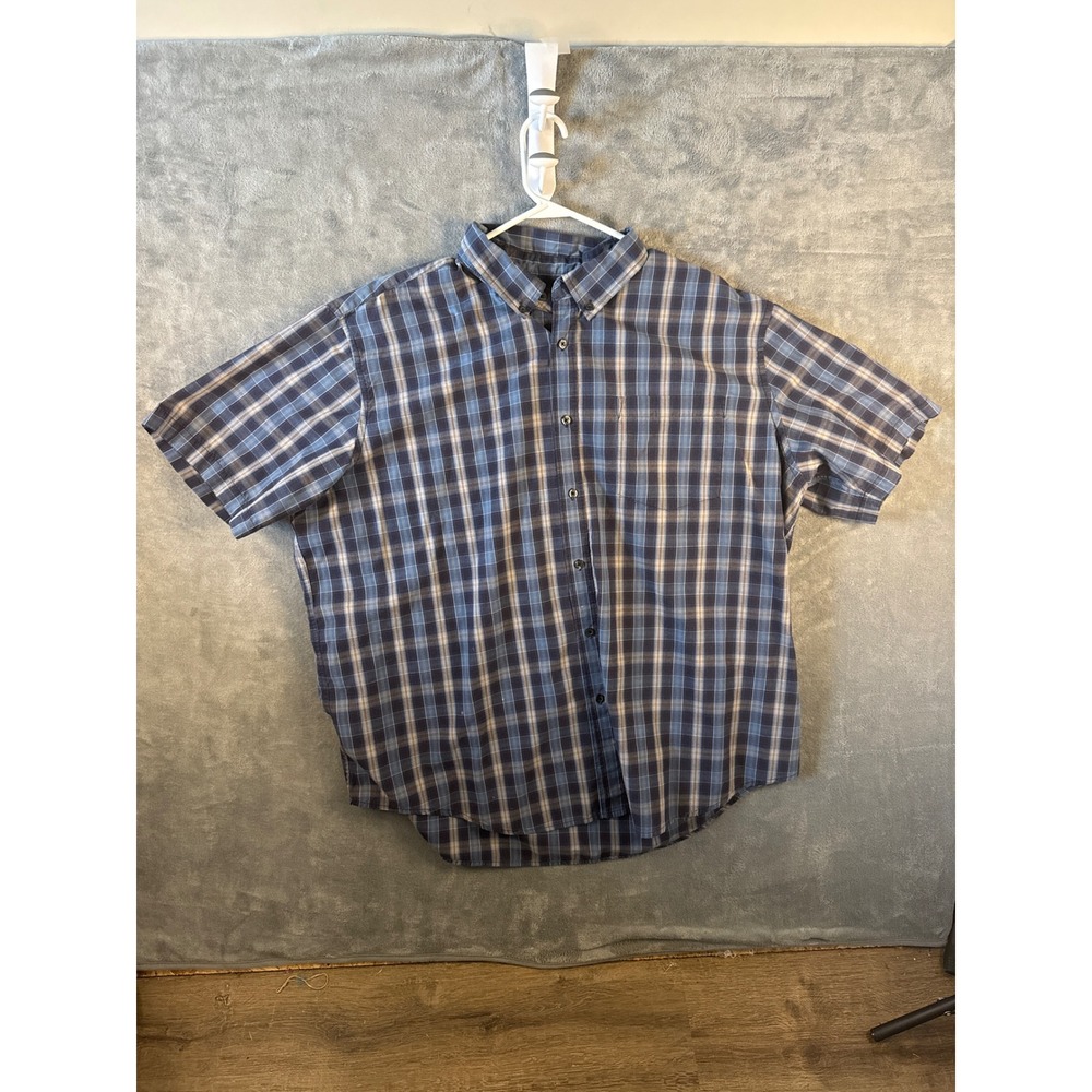Basic Editions Mens 2XL Blue Plaid Short Sleeve Easy Care Button Down Shirt